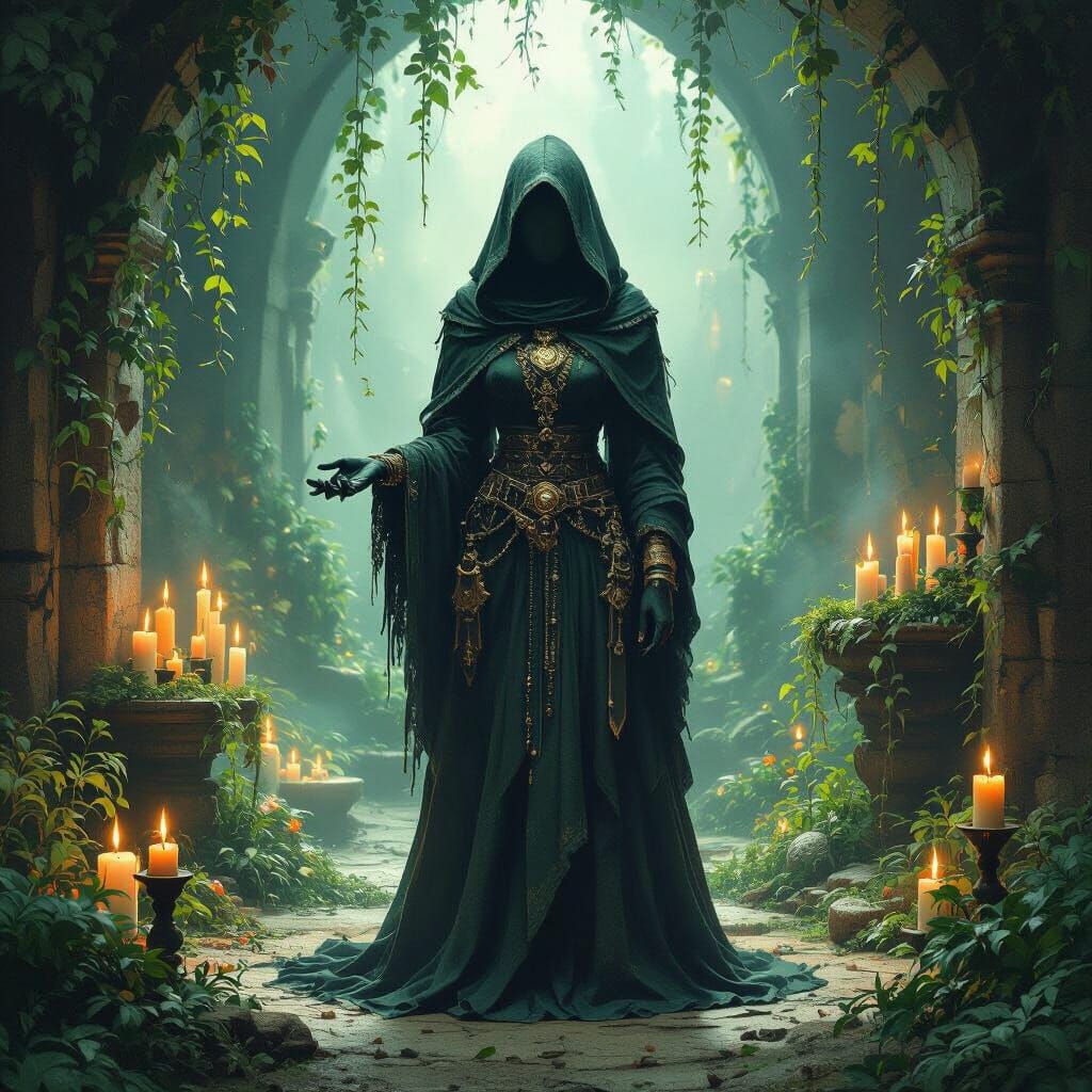 Hoodoo Priestess Ritual in Dimly Lit Chamber