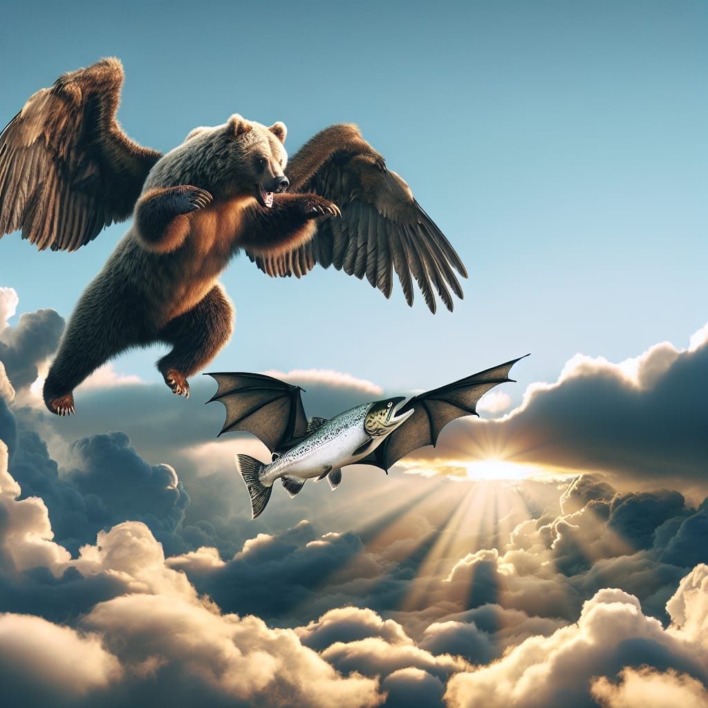 A Winged Bear Chases a Flying Salmon