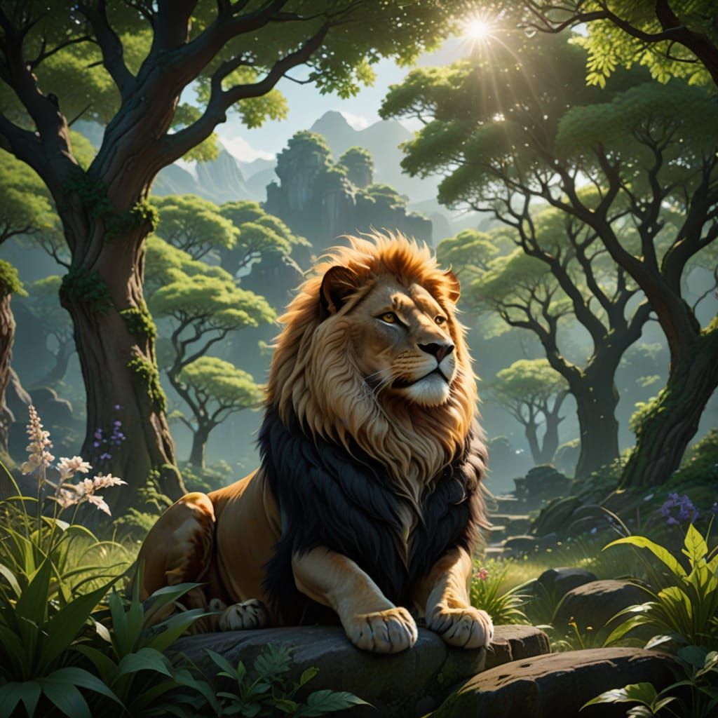 Majestic Lion Cat Hybrid in Lush, Fantastical Forest