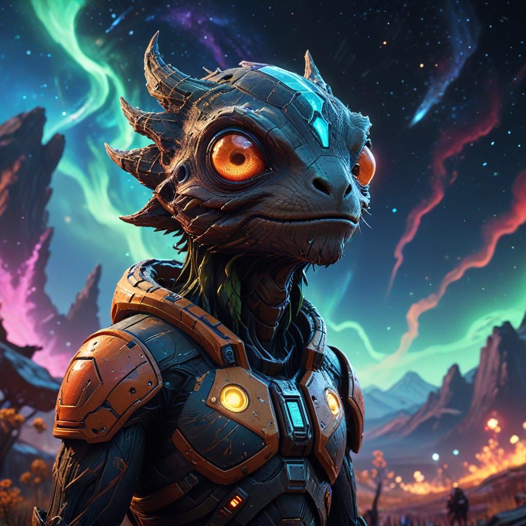 Mystical Peanut Creature Amidst Vibrant Aurora