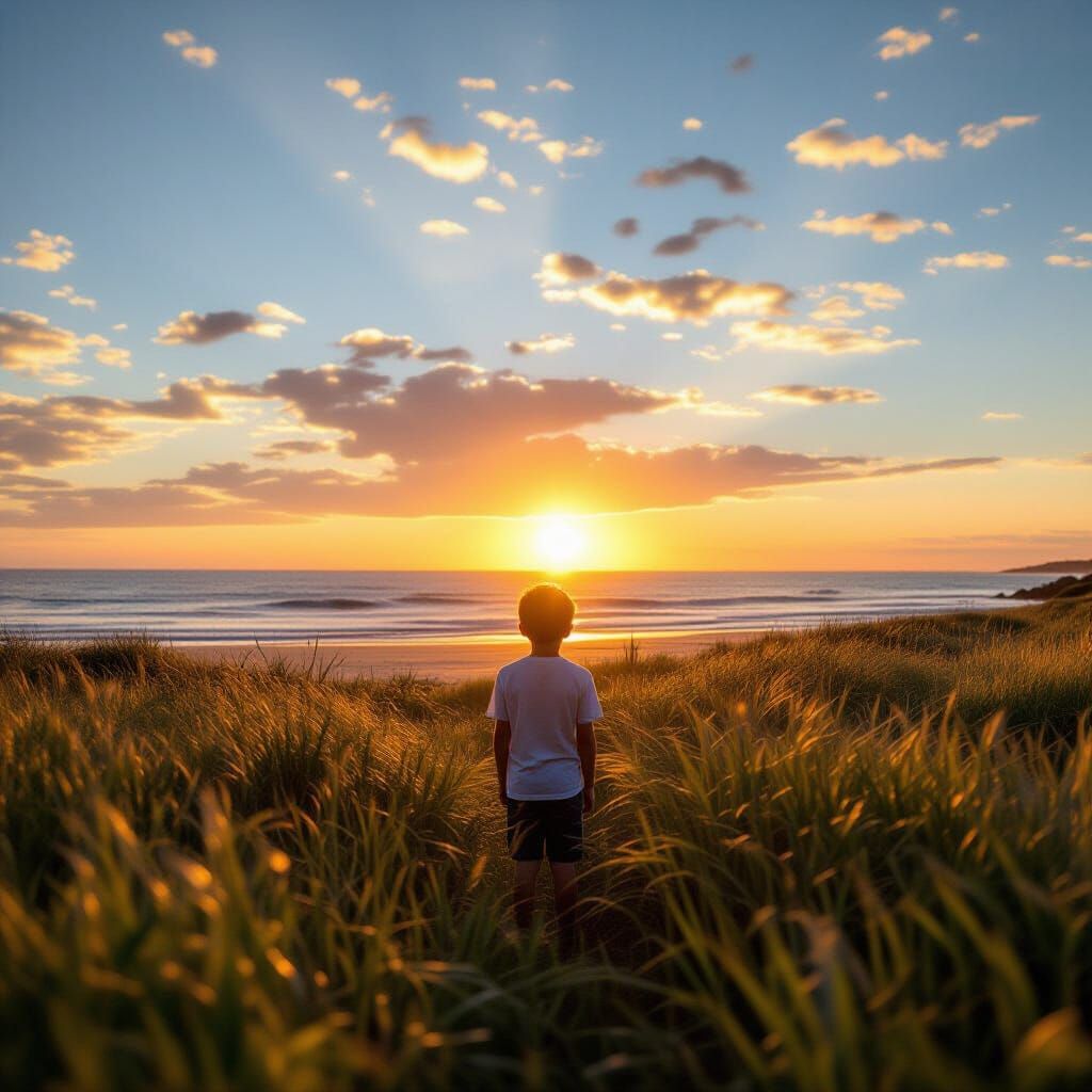 Boy in Field with Beach Sunset Double Exposure