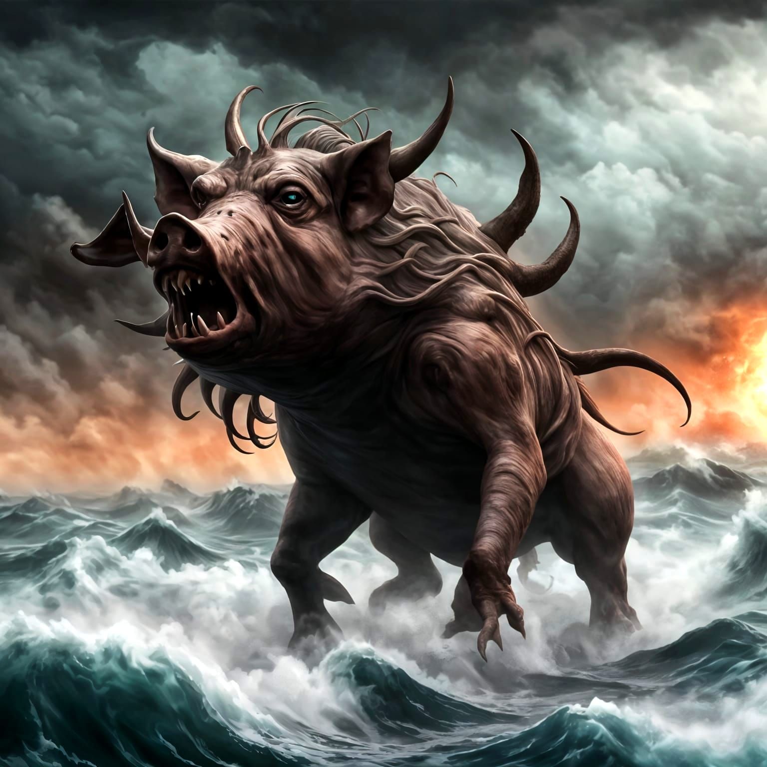 Cosmic Horror: Pig Monster Over the Ocean