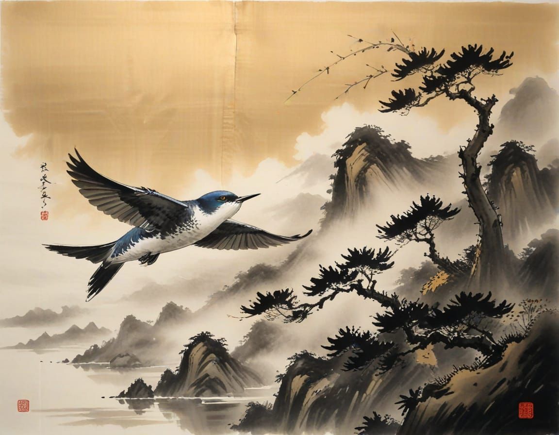 Bird in Flight: Japanese Sumi-e Ink Painting