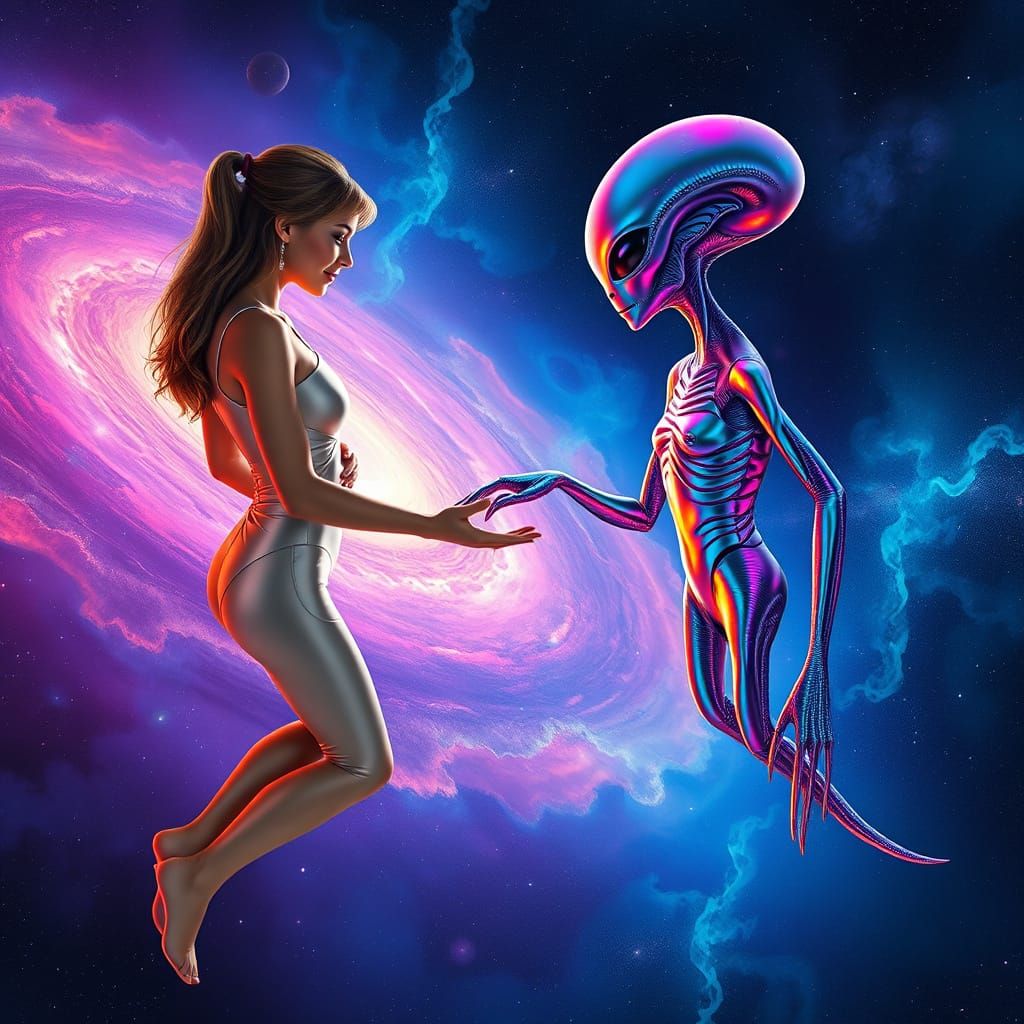 Futuristic Woman Greets Alien in Space
