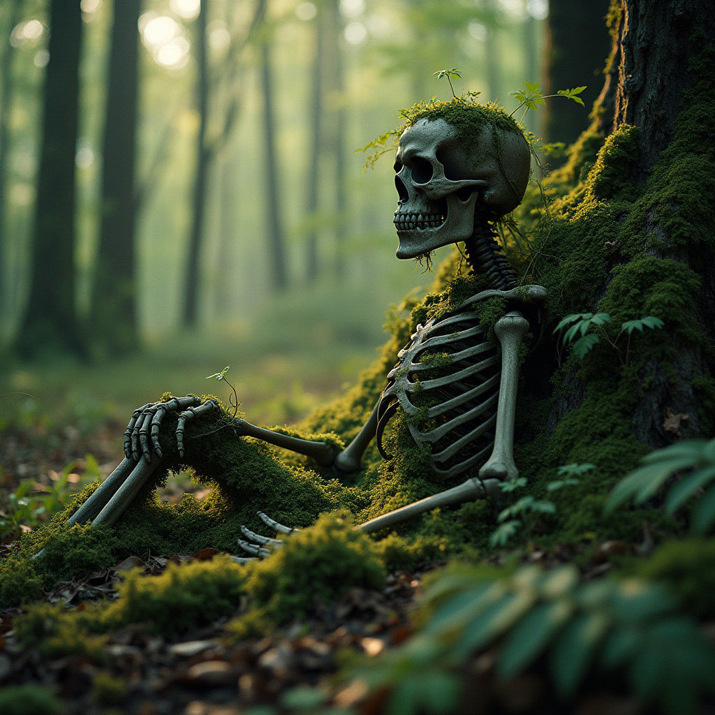 Moss-Covered Skeleton in Abandoned Forest: Cinematic Realism