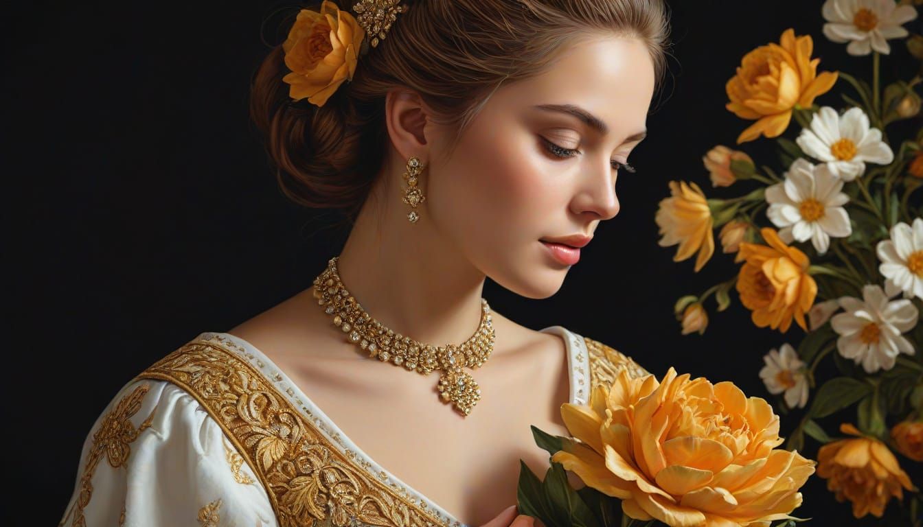 Woman in Regal Attire with Golden Embroidery