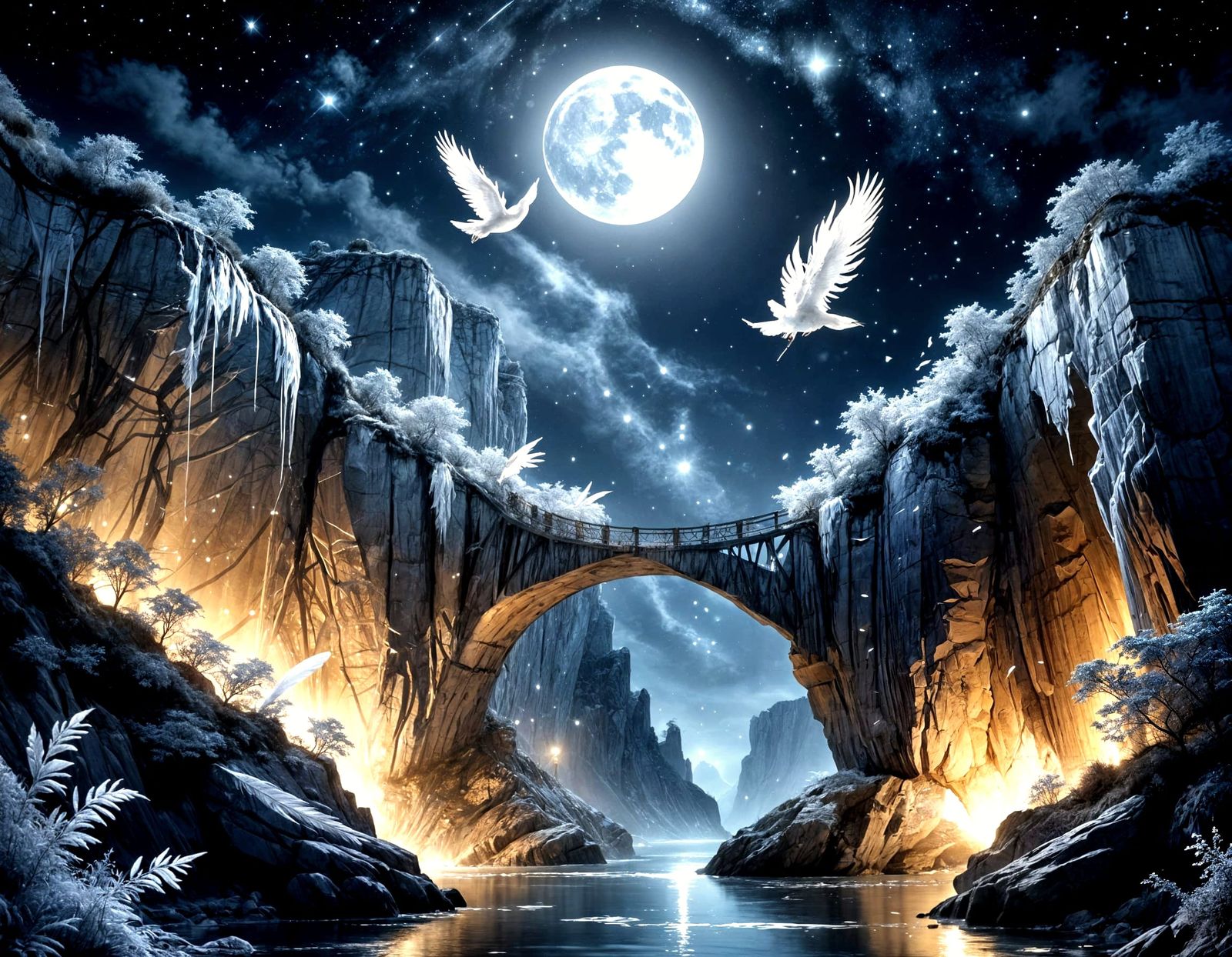 Ethereal Moonlit Bridge of Feathers