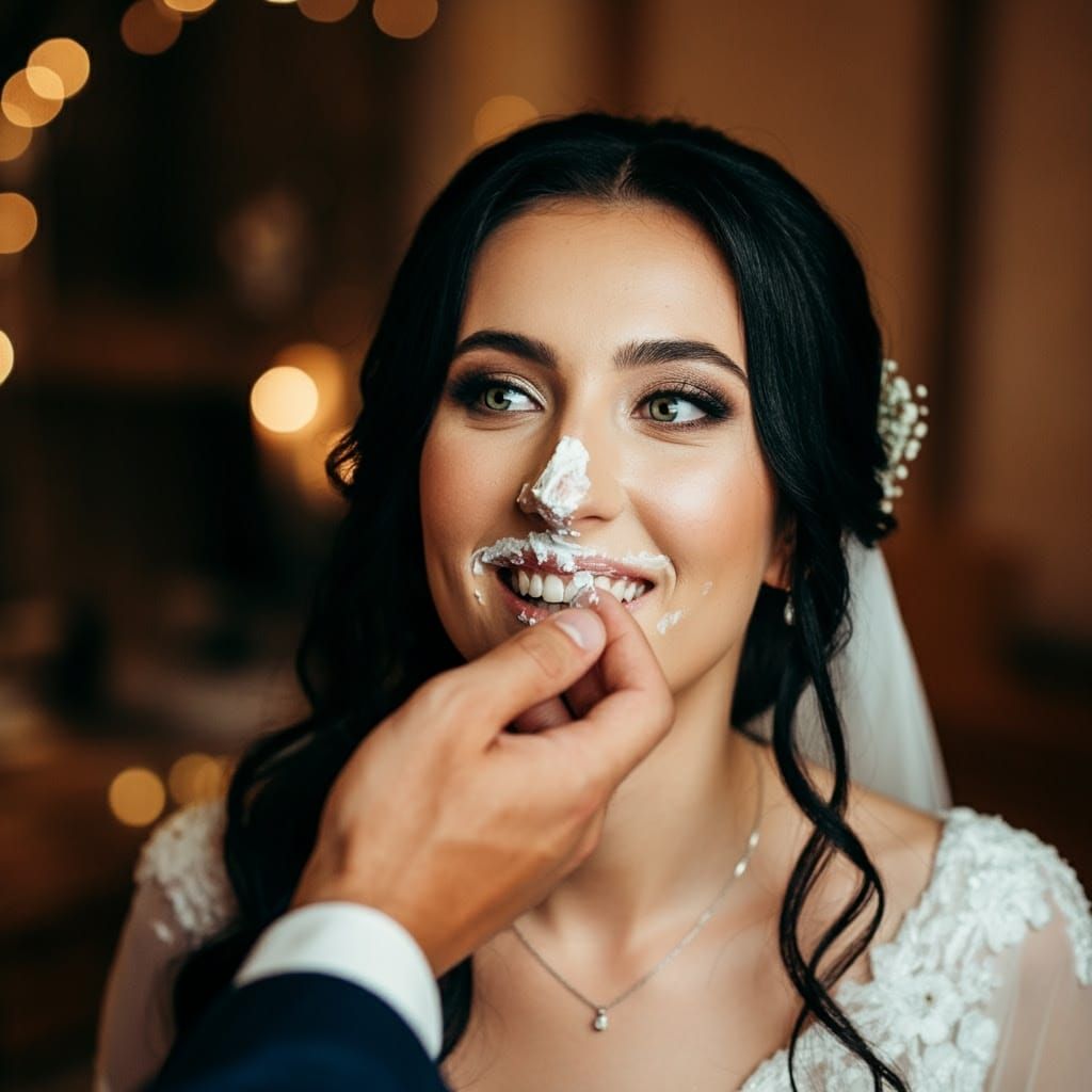 Joyful Bride Embarrassed by Playful Groom in Romantic Weddin...