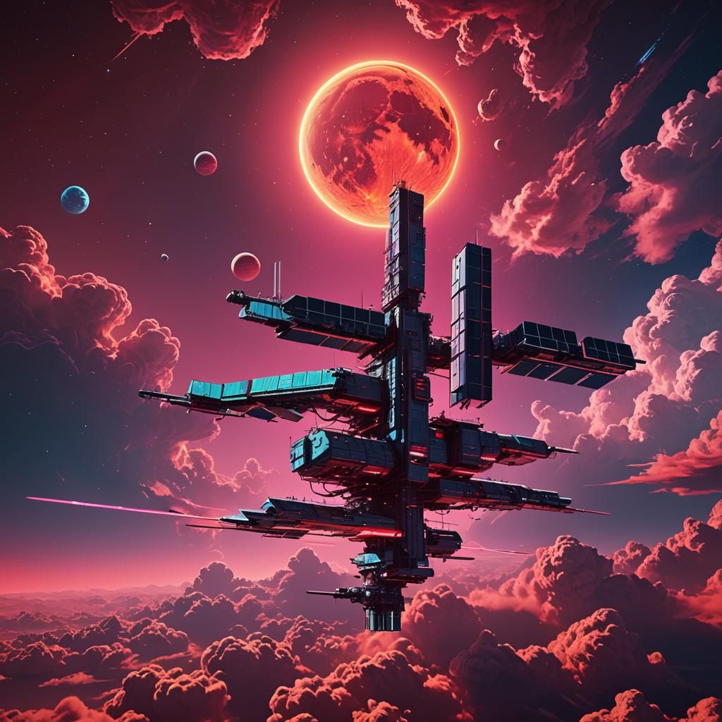 Retro-Futuristic Space Station with Red Sun, Synthwave Neon
