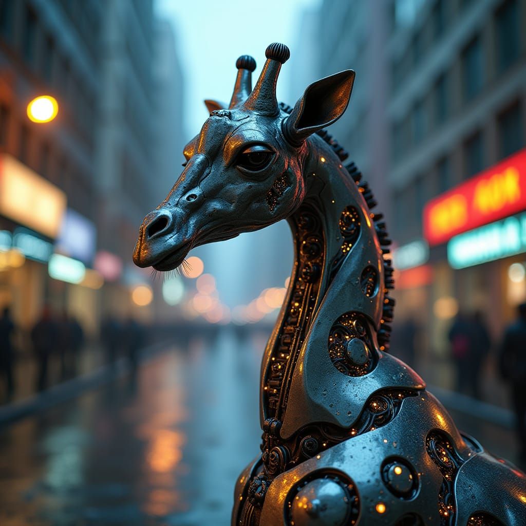 Cybernetic Giraffe in Futuristic Cityscape, Influenced by H....