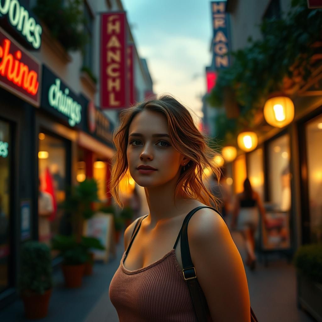 Cinematic Cityscape: Woman Shopping at Dusk