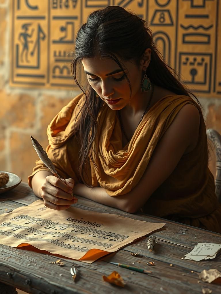 Woman Sketches Melody on Papyrus in Splash Art Style