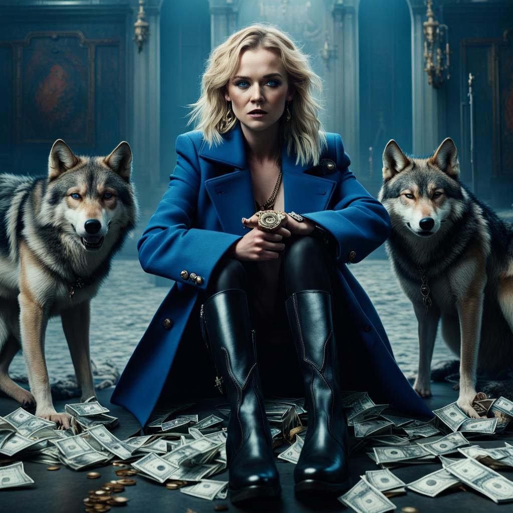 Woman with Gun Surrounded by Money and Wolves