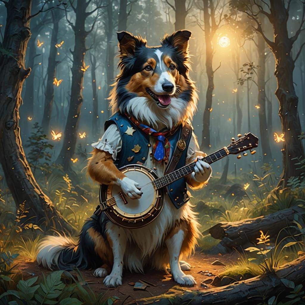 Collie Plays Banjo in Misty Forest Painting