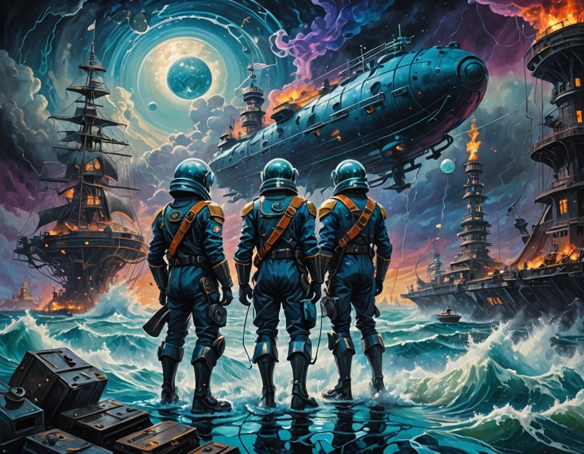 Neptune Colonists in Surreal Sci-Fi Landscape