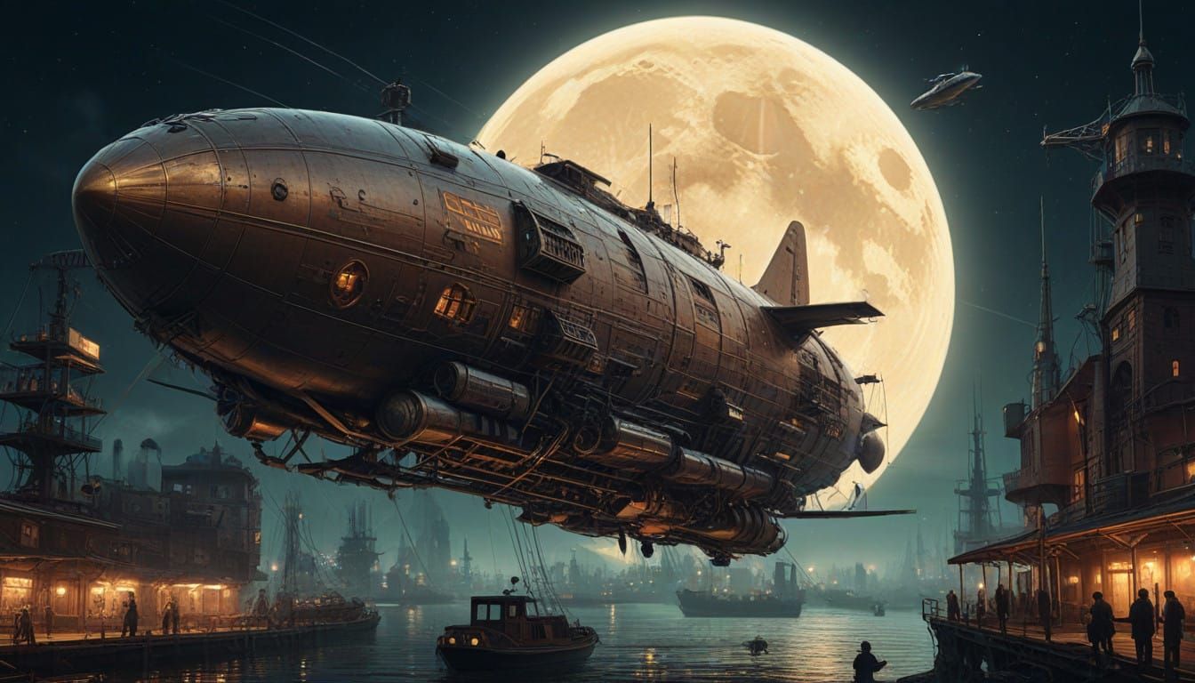 Surreal Steampunk Zeppelin Explores Celestial Harbor at Full...