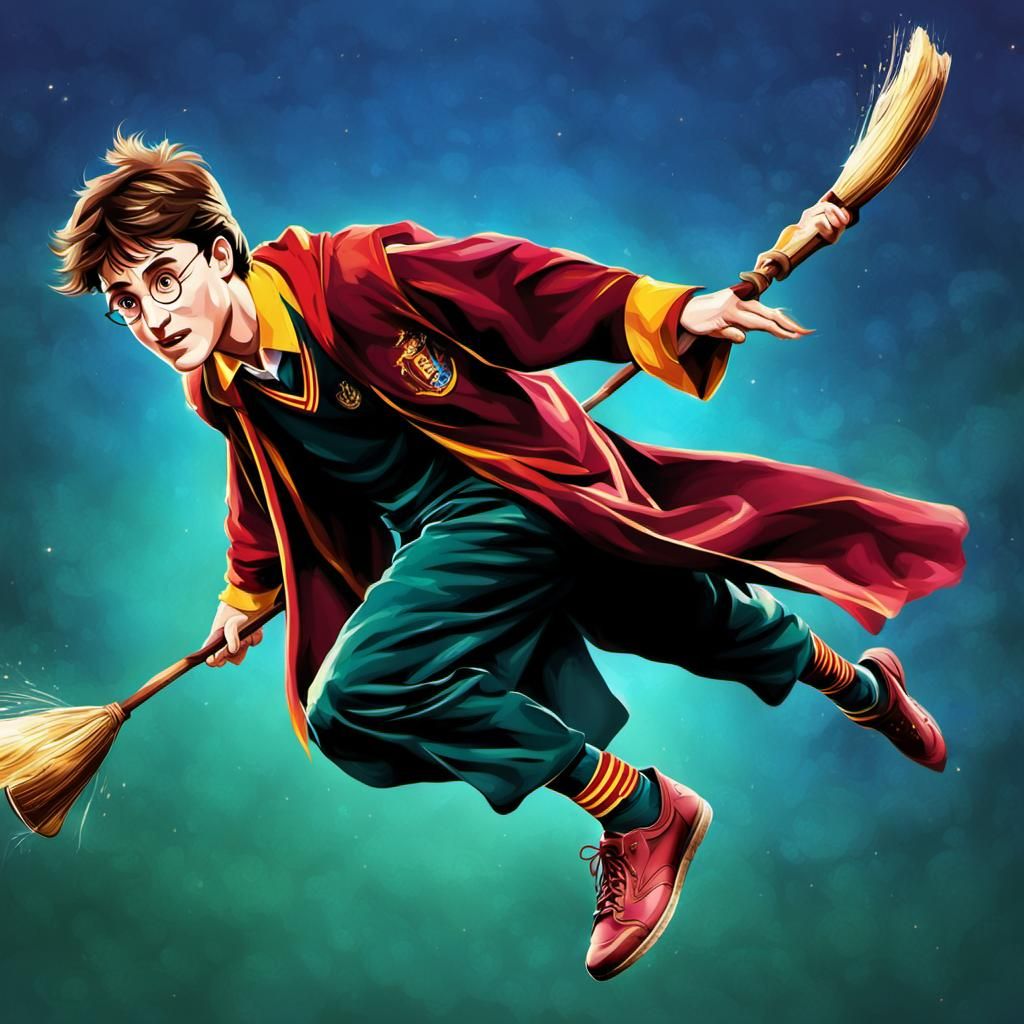 Harry Potter playing Quidditch on flying broom, colorful, movement, uniform