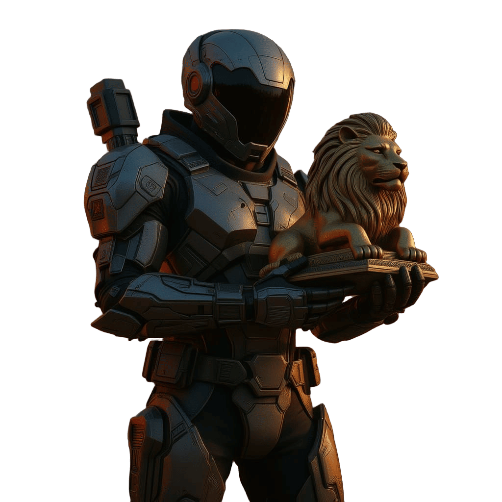 Epic Warrior Holding Lion Statue on Battlefield