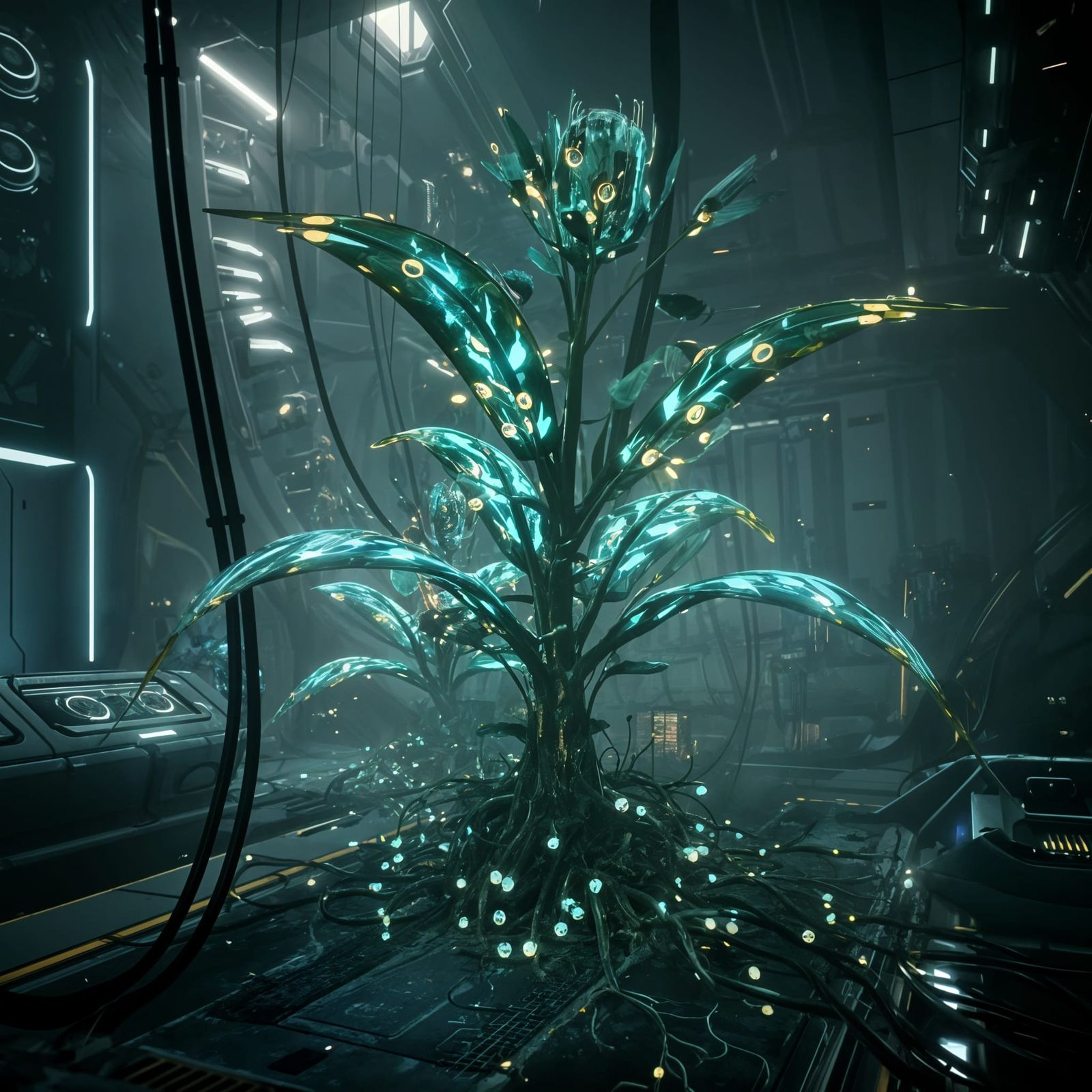 Futuristic Biopunk Artwork with Bioluminescent Plants