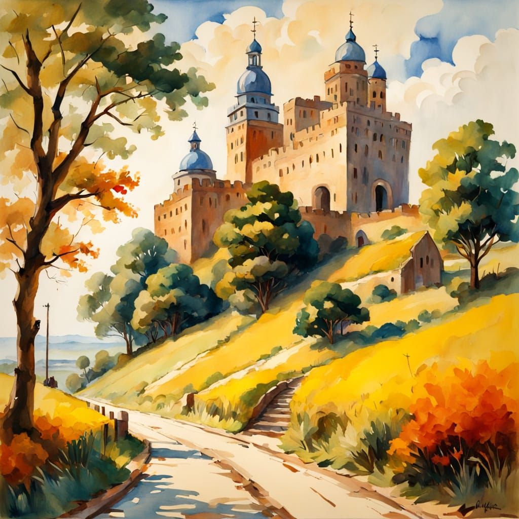 Giant Tortoise Blocks Babel Tower: Gouache Watercolor Painti...