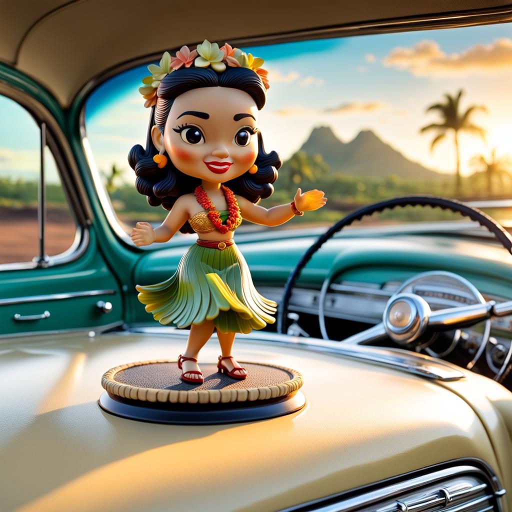 Cartoon Hula Girl Bobblehead in 1950s Car