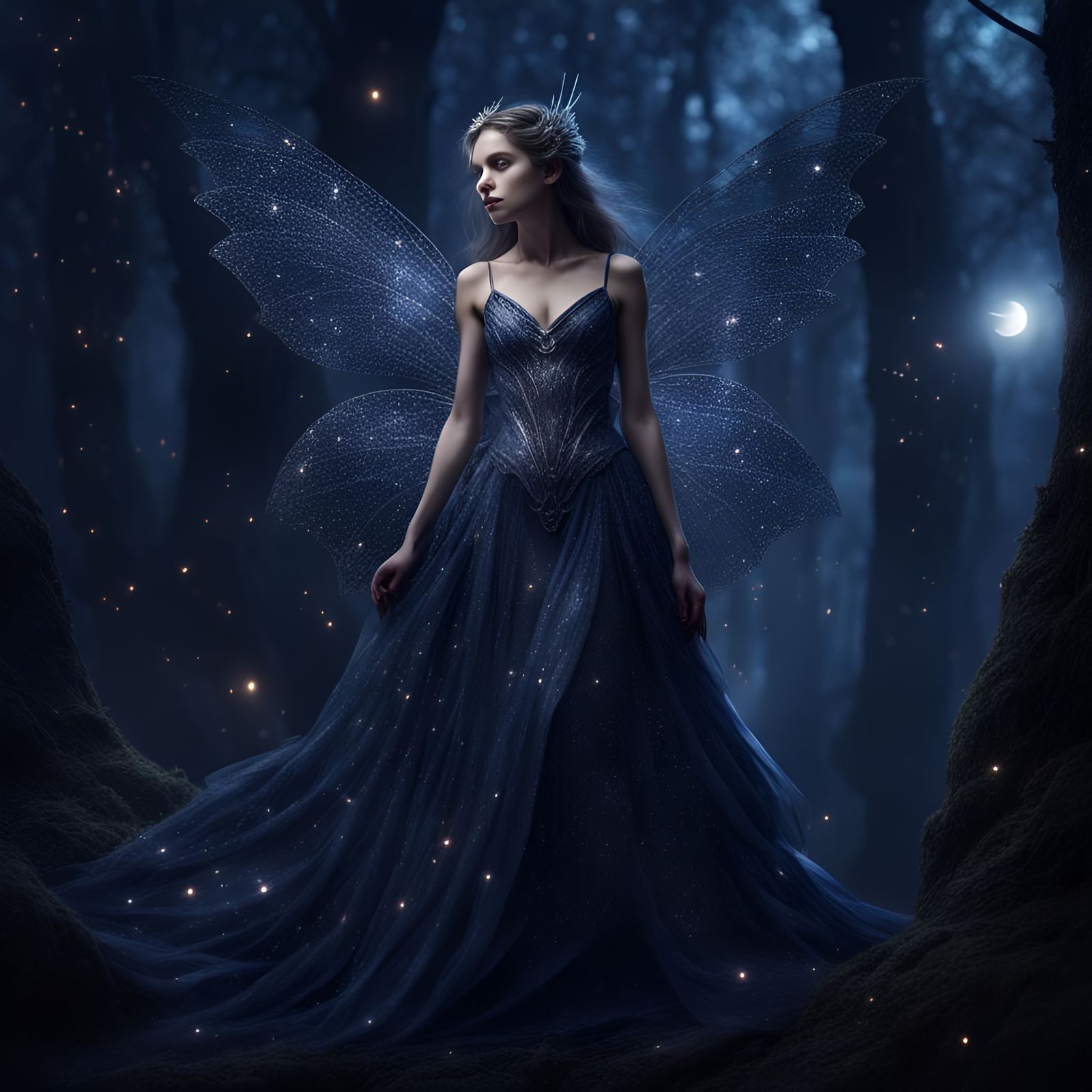 Dark Fairy in Indigo Dress, Digital Matte Painting