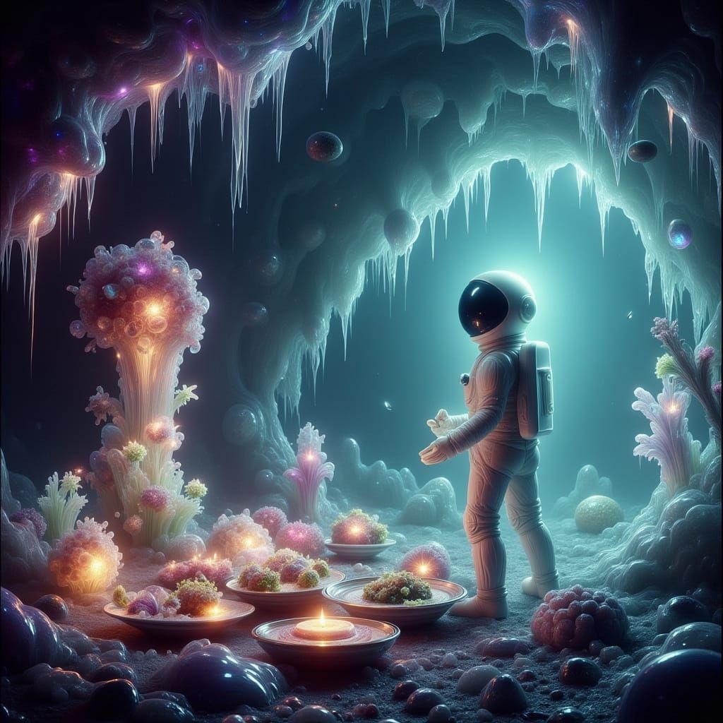 Astronaut Explores Bioluminescent Crystal Caves with Alien M...