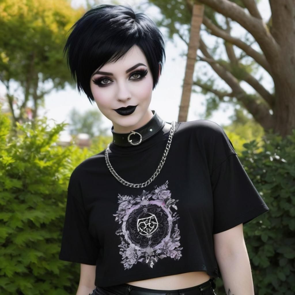 Excited Goth Girl in Colorful Garden, Hyperrealism