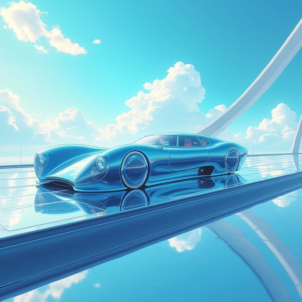 Sleek Glass Car on Modern Bridge in 8K