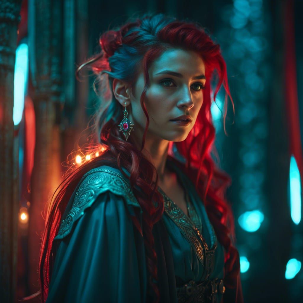 Tomboy Wizard in Lightning Storm, Fantasy Art