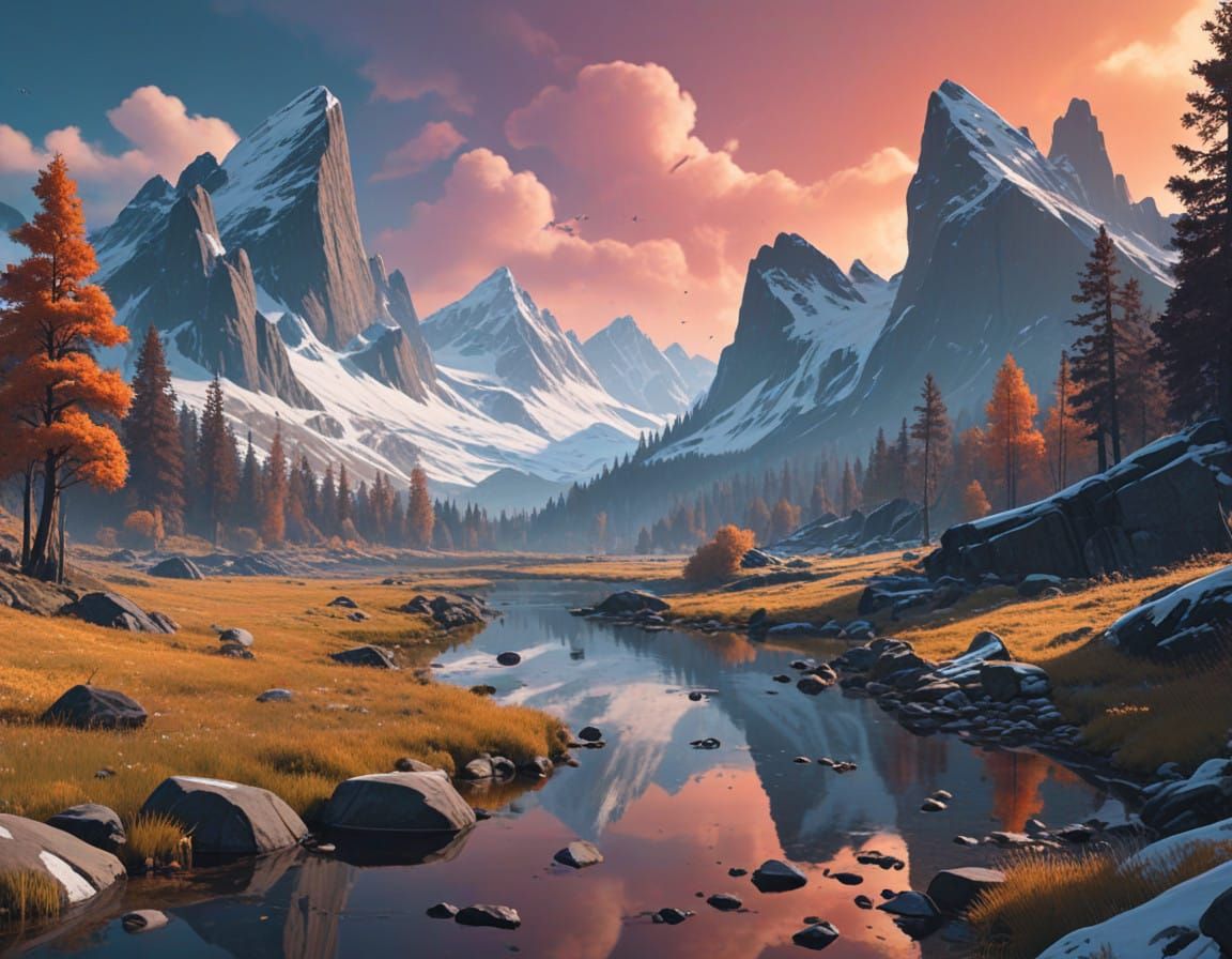 Surreal Fantasy Realm with Majestic Mountains and Serene Riv...