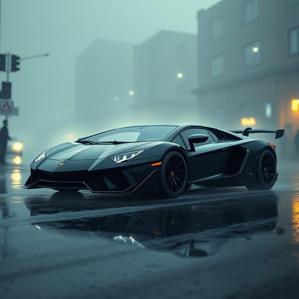 Luxury Lamborghini in Rainy Nightscape