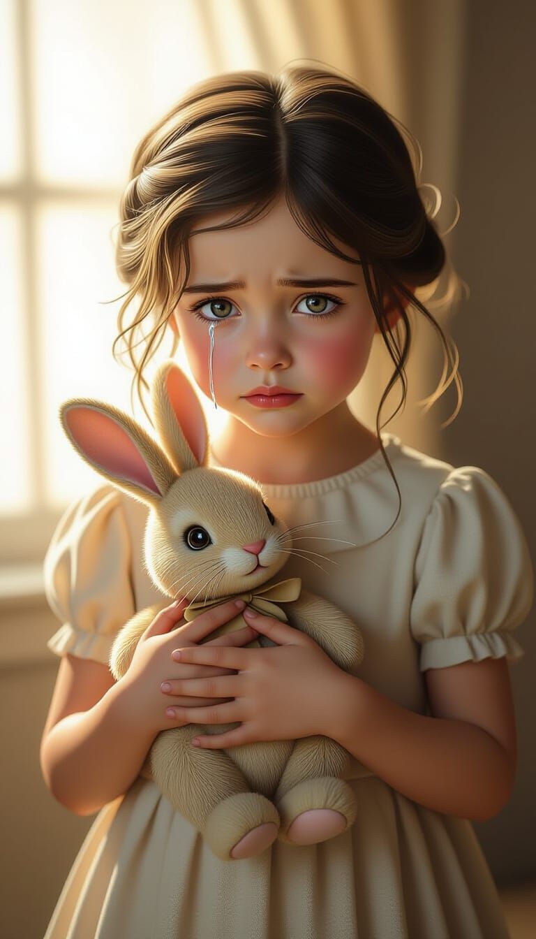 Emotional Portrait of Girl with Toy Bunny in Hyperrealism St...