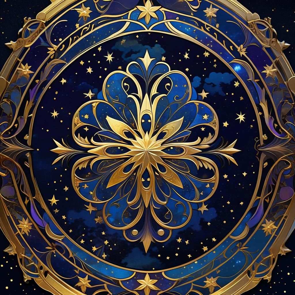 Art Nouveau Golden Star in Night Sky