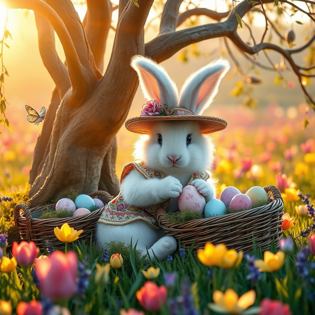 Whimsical Easter Bunny in Spring Meadow Wonderland