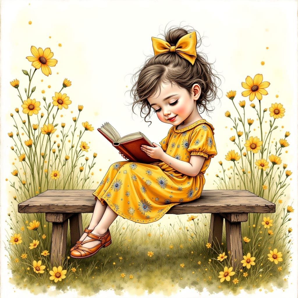 Girl Reads in Whimsical Floral Garden
