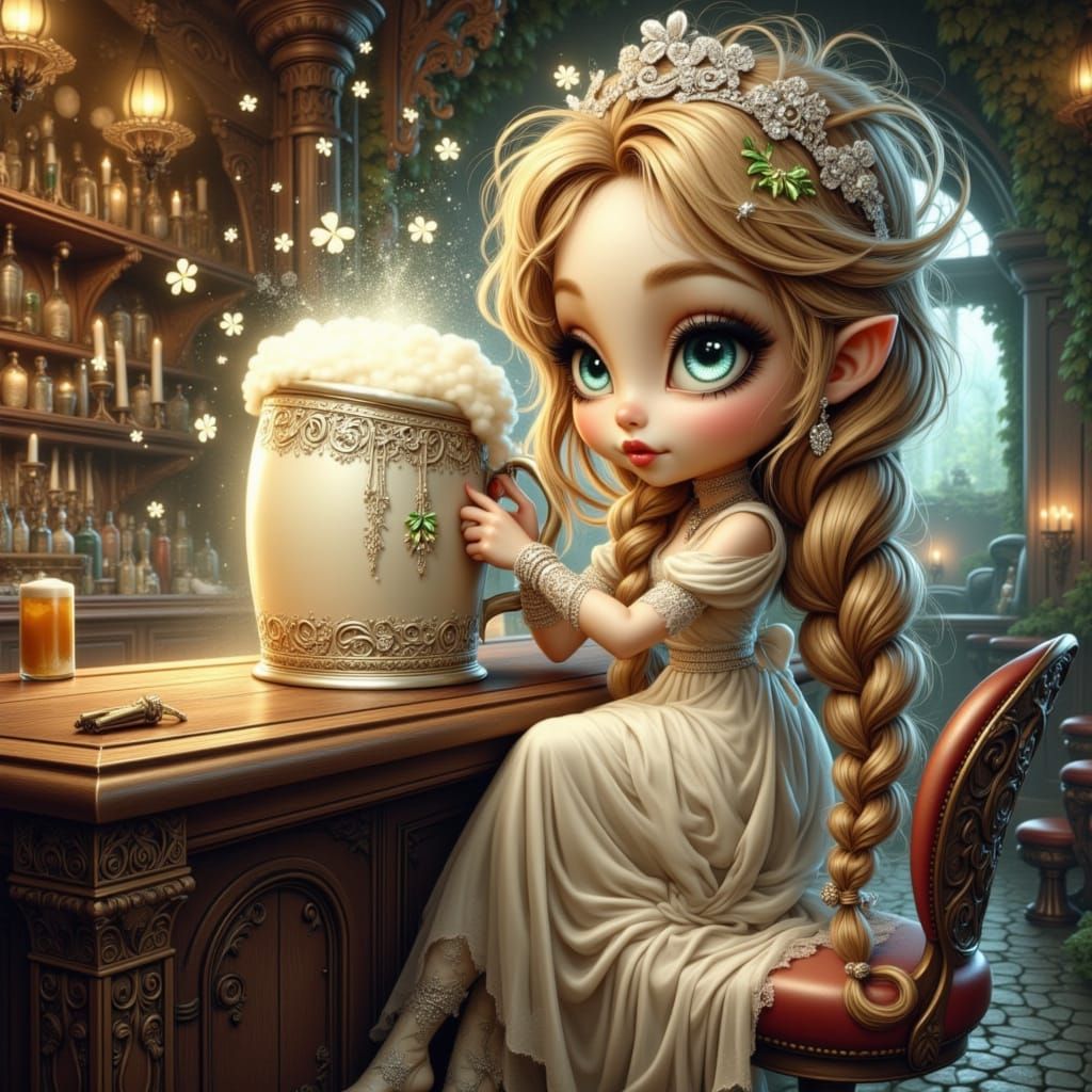 Whimsical Chibi Woman in Enchanted Forest Pub
