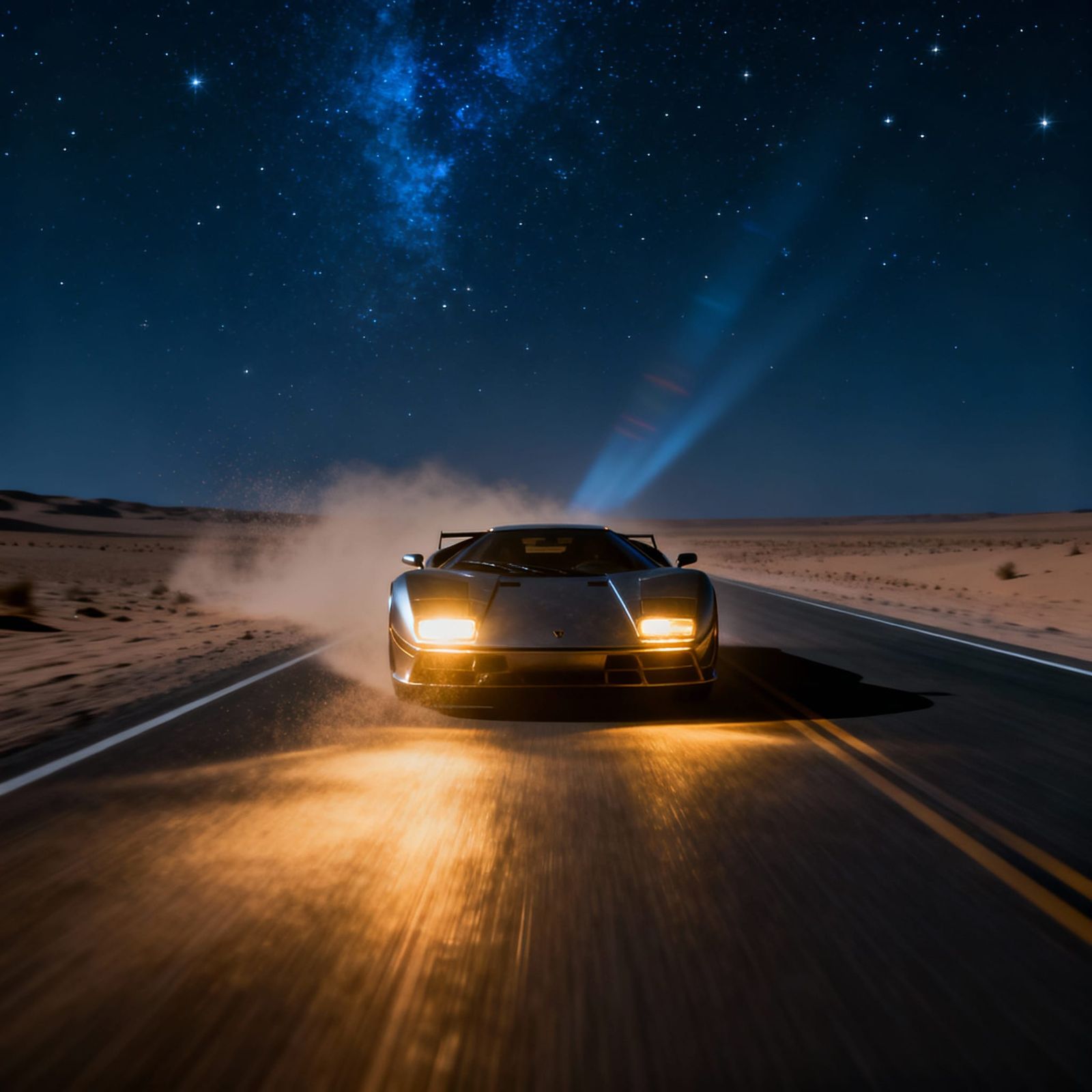 Futuristic Sports Car Speeds Through Desert Night