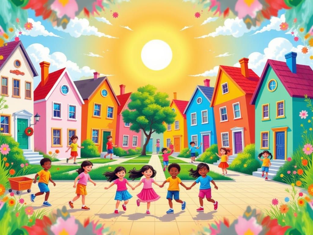 Colorful Children Playing in Kaleido Vector Landscape