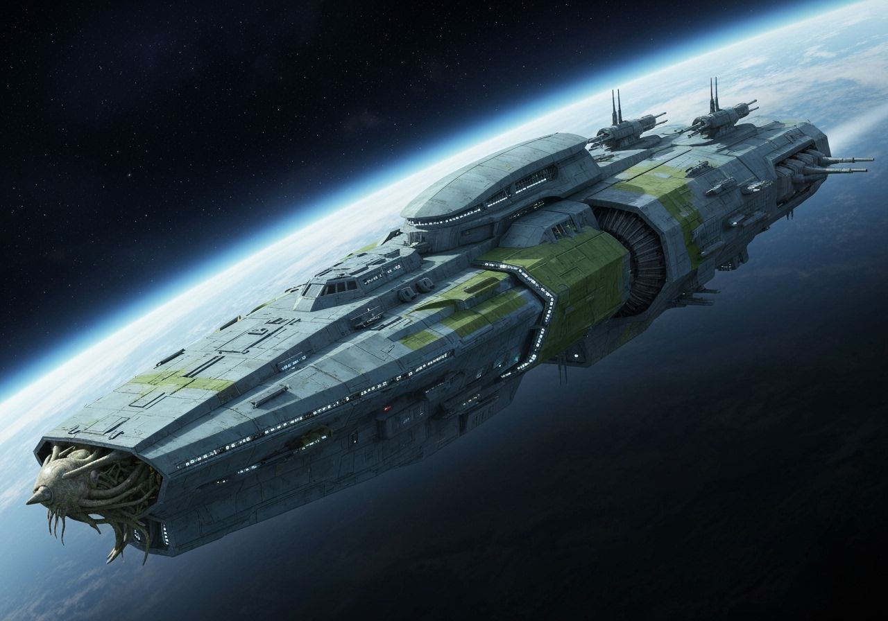 Alien Battle Cruiser with Bioluminescent Features in Space