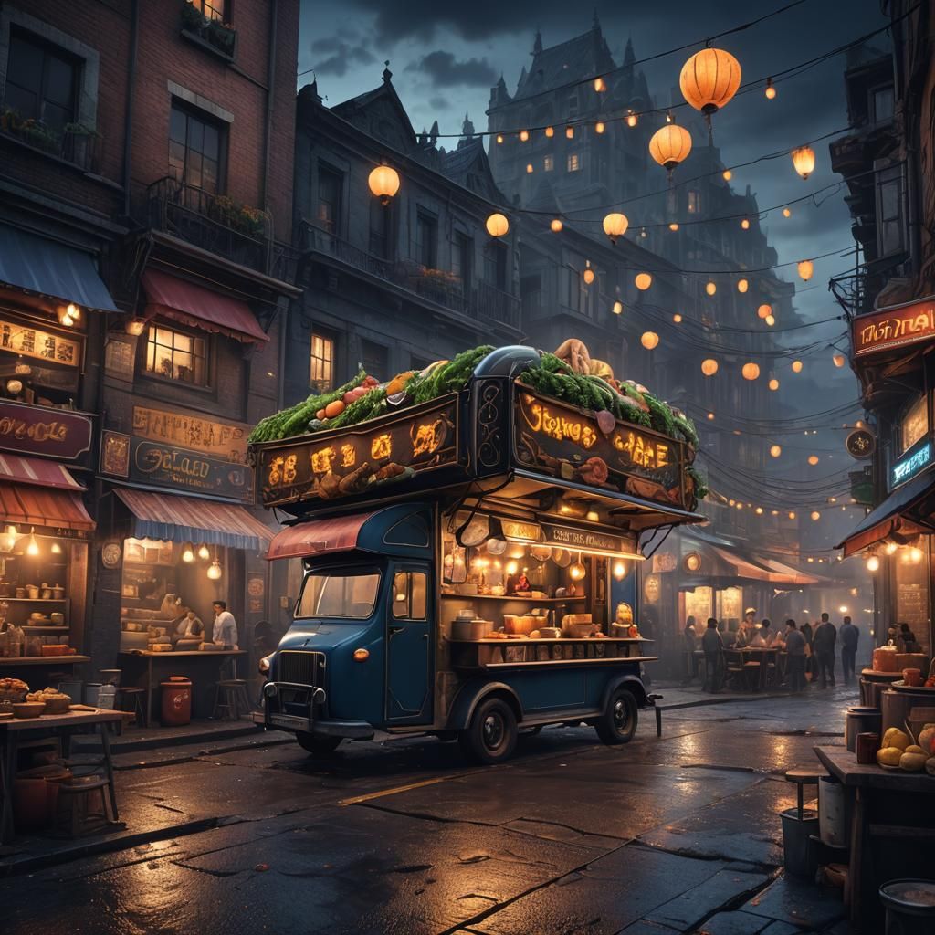 Street Food Car in Dark Evening Scenery