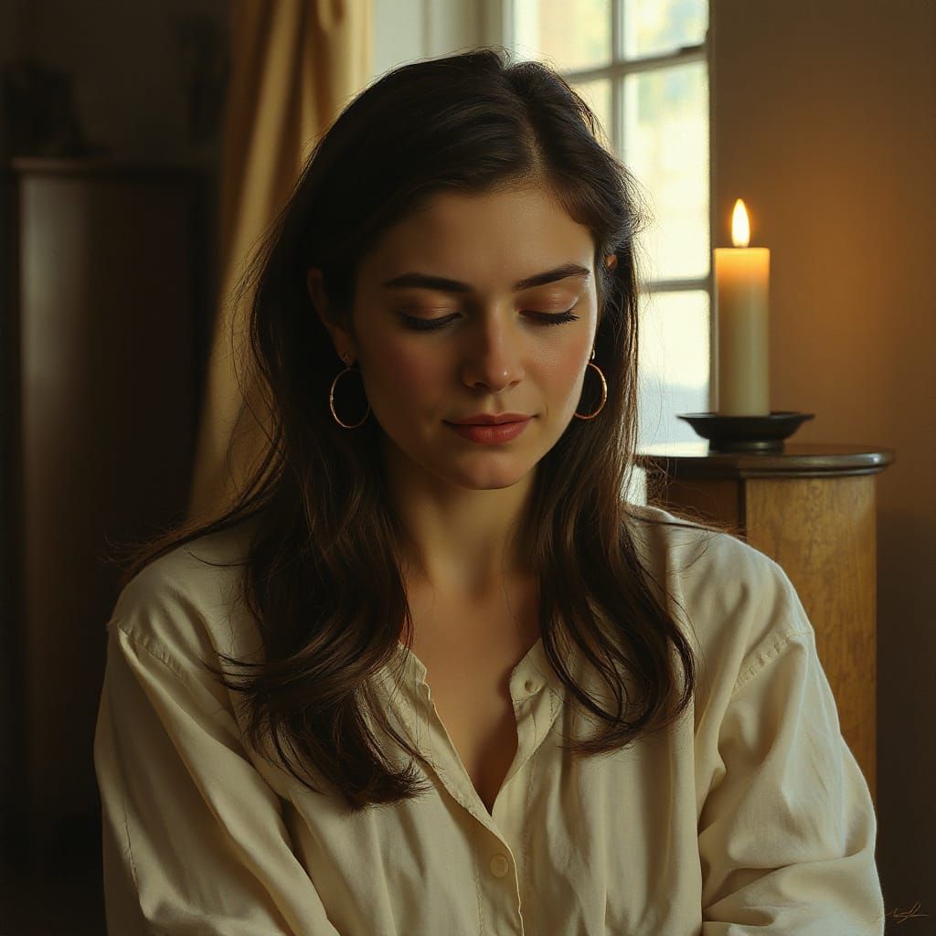 Serenely Contemplative Woman in Warm Candlelight