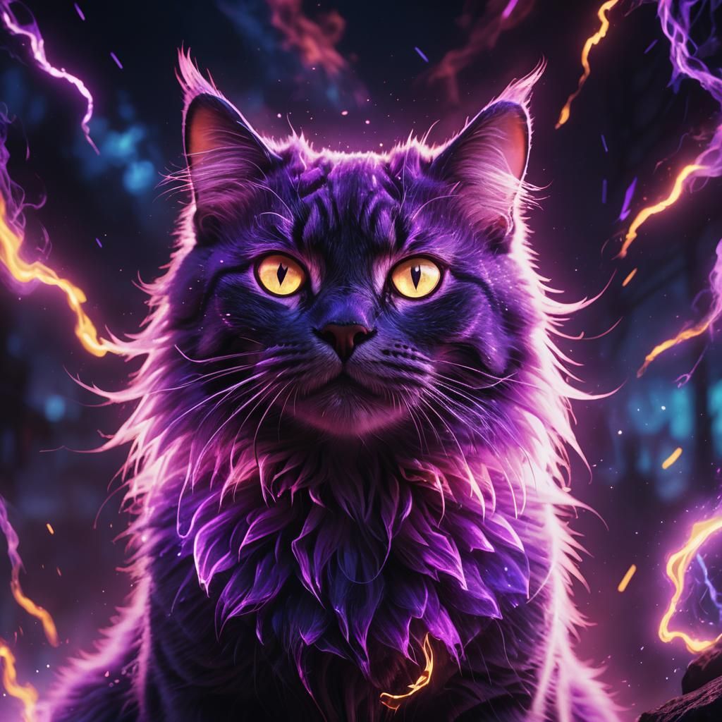 Cat in Purple Fire Neon Aura: Digital Matte Painting