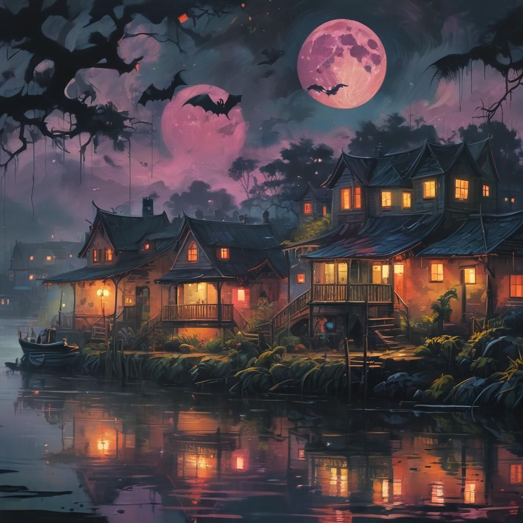 Vibrant Graffiti Art of a Nighttime River Scene