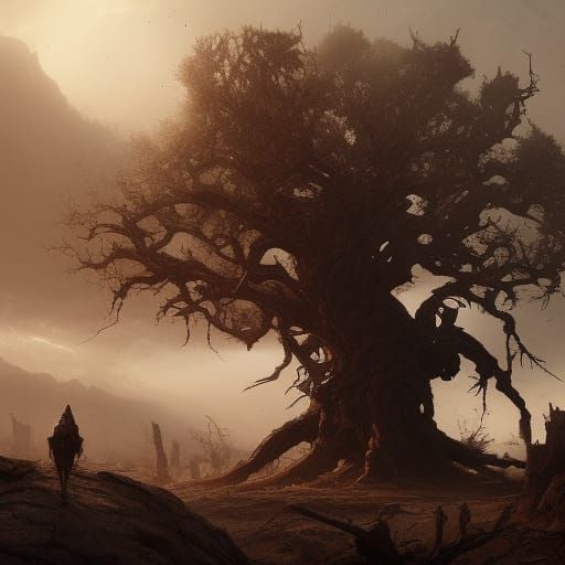 Withered Desert Tree: Epic Dark Fantasy Digital Painting