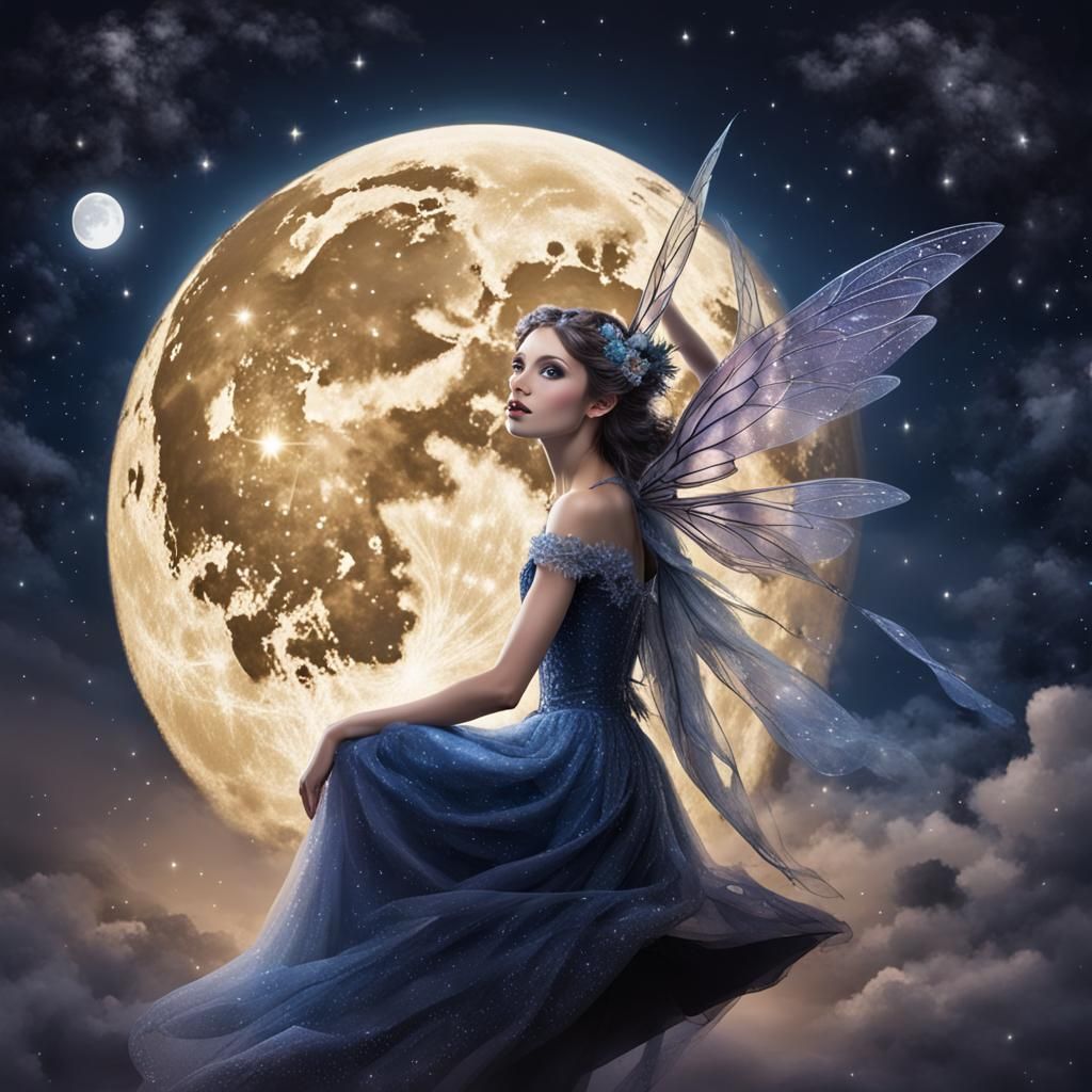 Night Fairy Flight Under a Large Moon