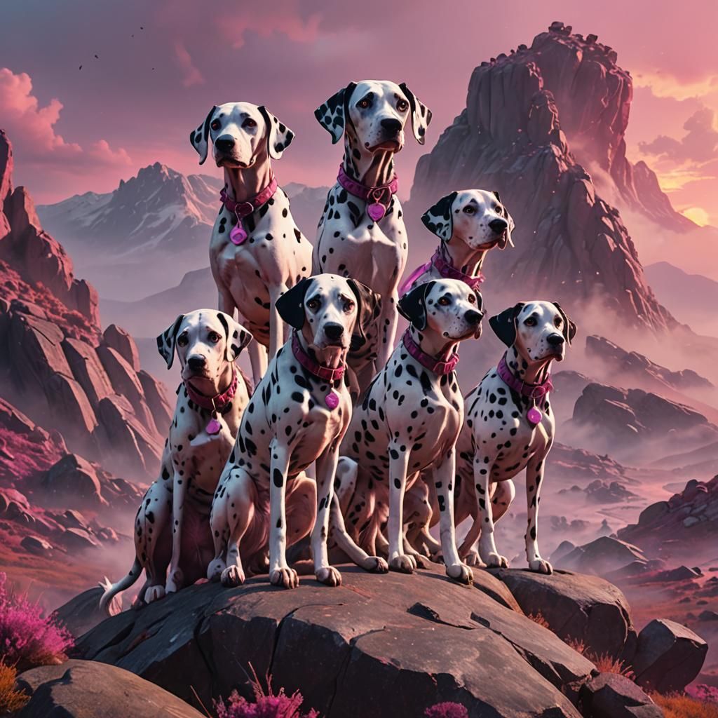 Dalmatians on Dystopian Mountain in 3D Rendering