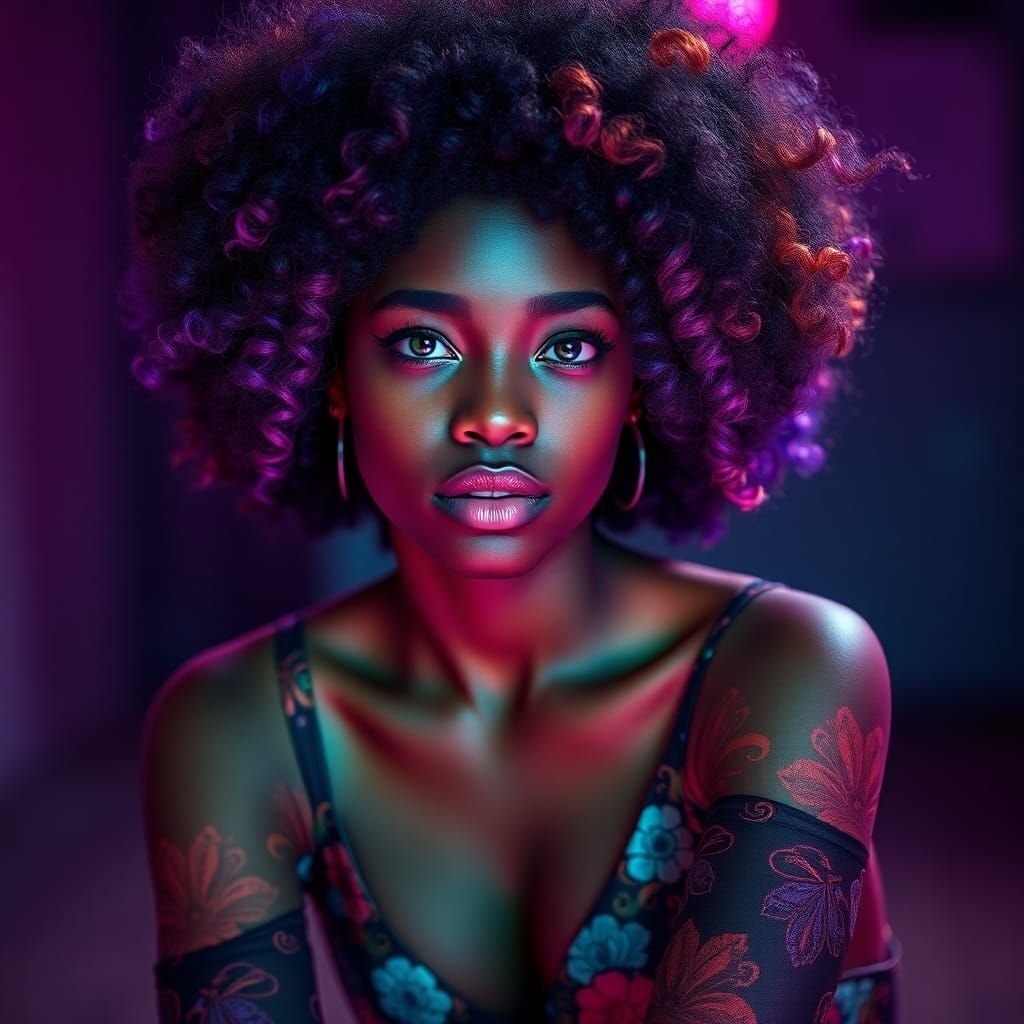 Young Woman with Multicolored Afro in Cyberpunk Style