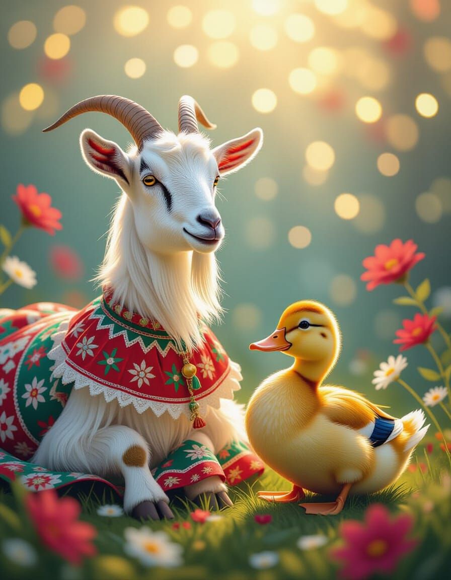 Patchwork Goat in Festive Dress with Duck Companion