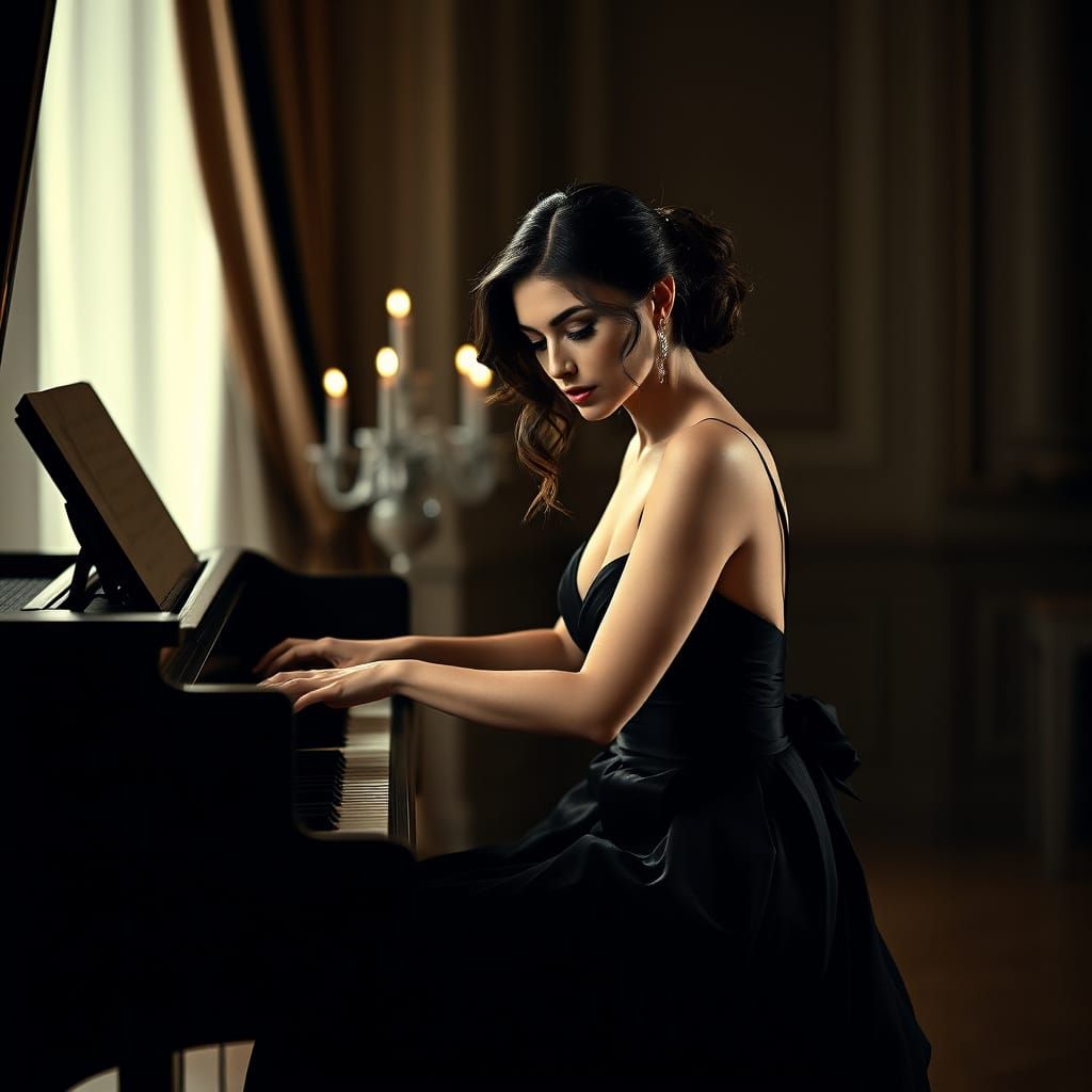 Brunette Woman Plays Piano with Dramatic Lighting